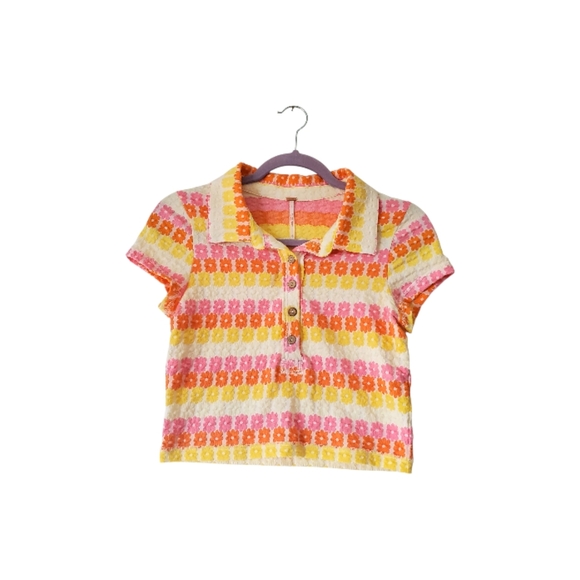 Free People Tops - Free People Pink Yellow Orange Floral Knit Polo Top
